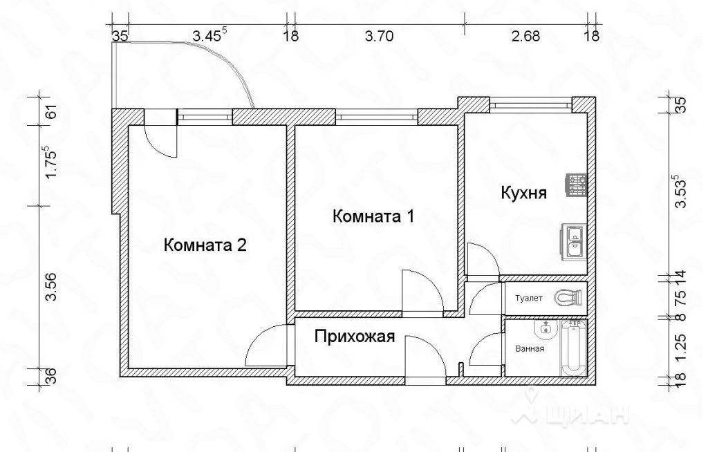 Чертеж двухкомнатной квартиры