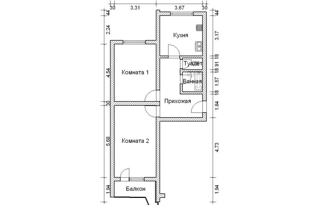 План двухкомнатной квартиры п44 с размерами